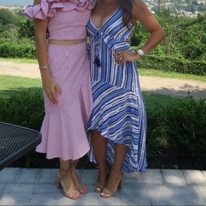 Blue and white pattern high-low dress. Open back. Size small